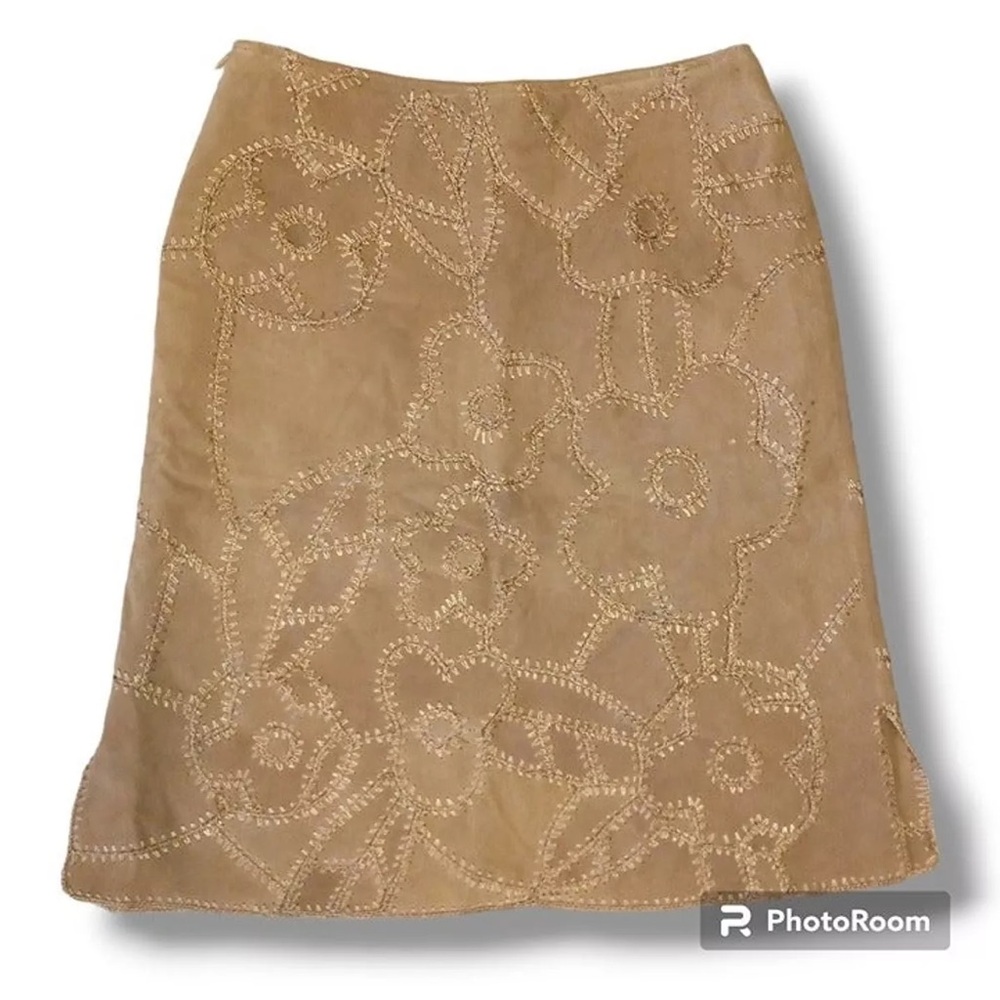 Suedessence 100% Leather floral Patchwork Skirt-Knee Length Lined Vintage sz 16
